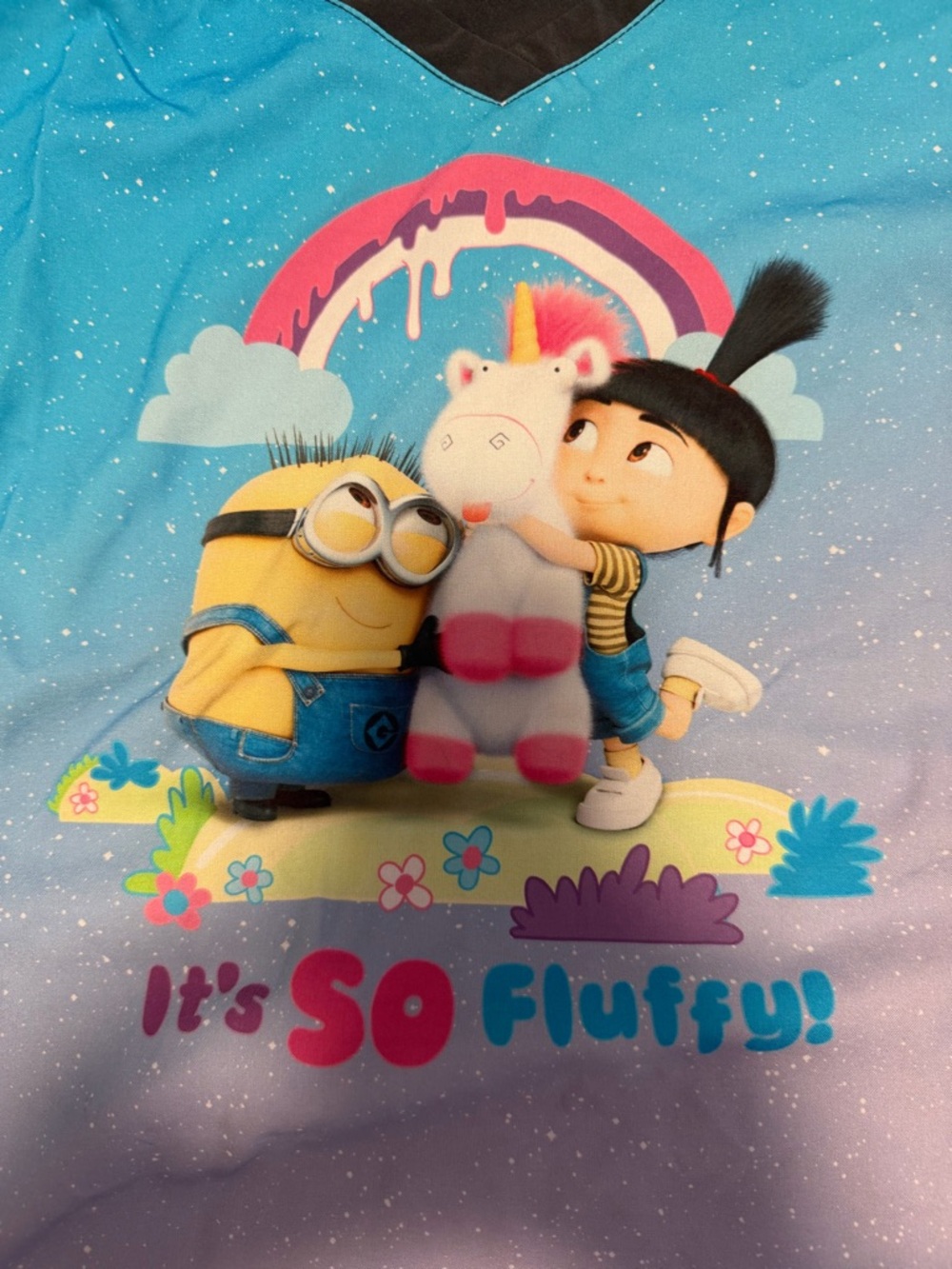Minions & Agnes "It's So Fluffy!" Blue scrub top